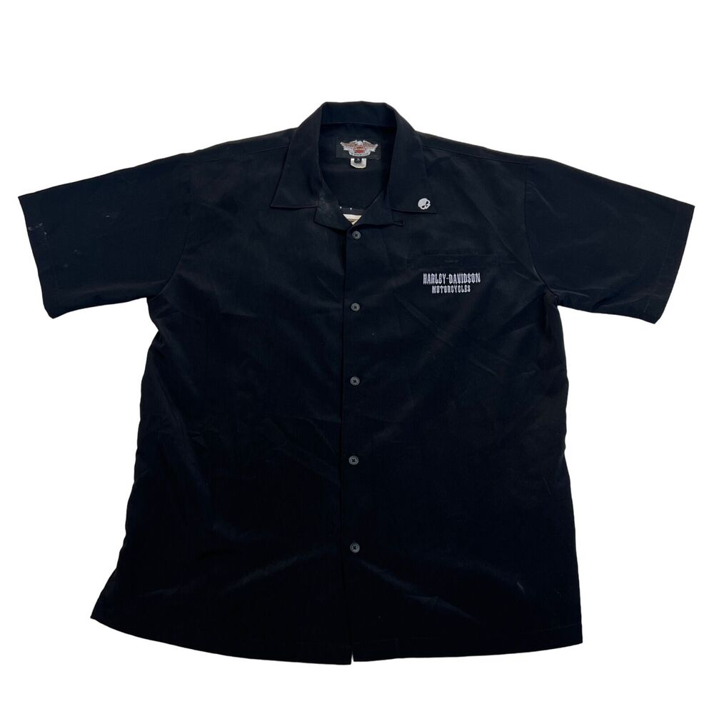 Mens Harley Davidson Short Sleeve Button Shirt Black Cards Flames Skulls XL